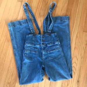 Free People high waisted penrose overalls jeans wide leg button up suspender